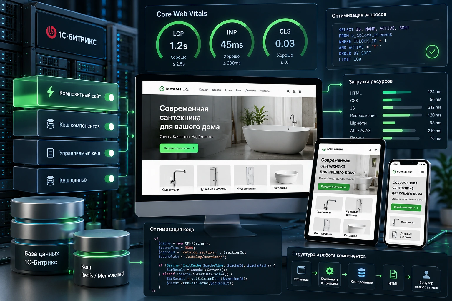 Оптимизация производительности 1С-Битрикс: кеш, SQL, Core Web Vitals и мобильная версия