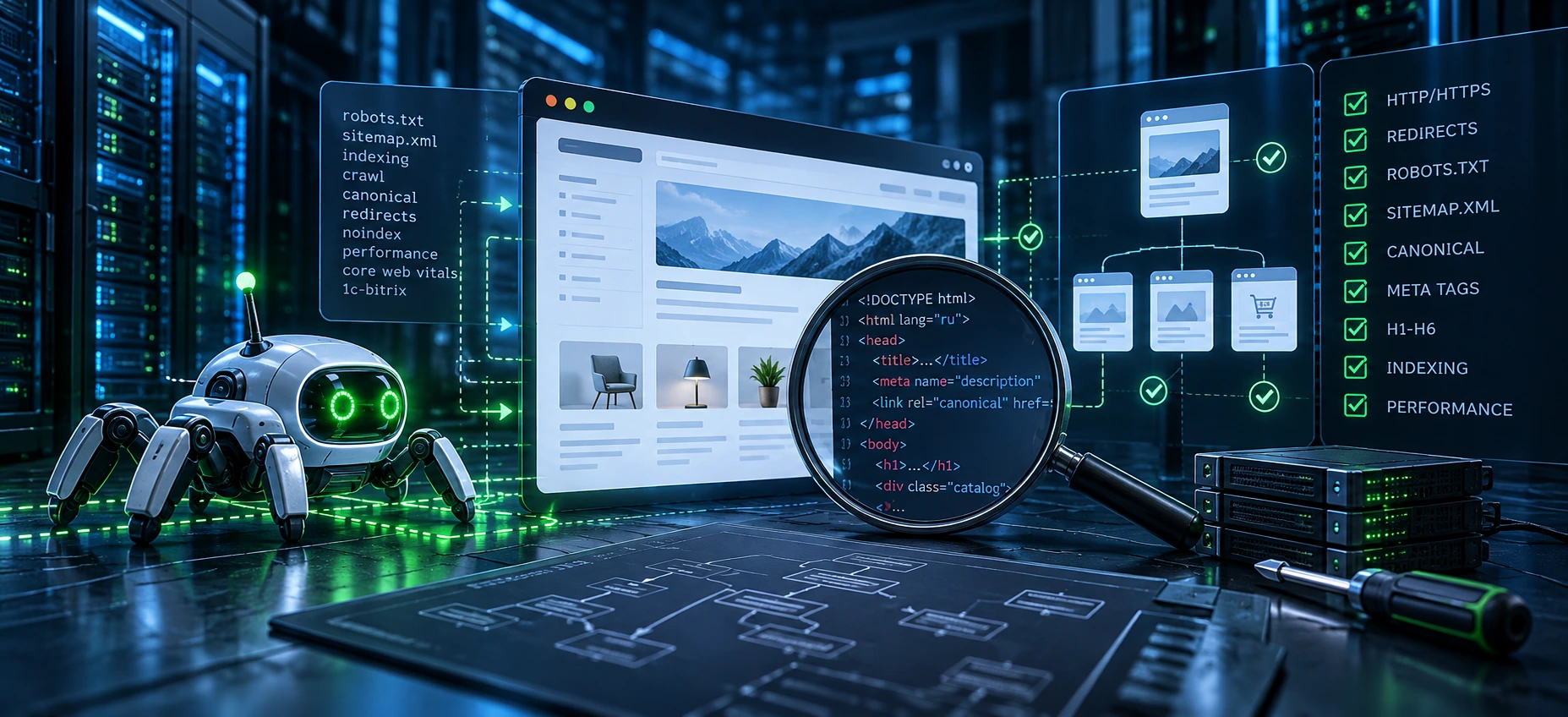 Технический SEO-аудит сайта на 1С-Битрикс: 50+ проверок с примерами кода